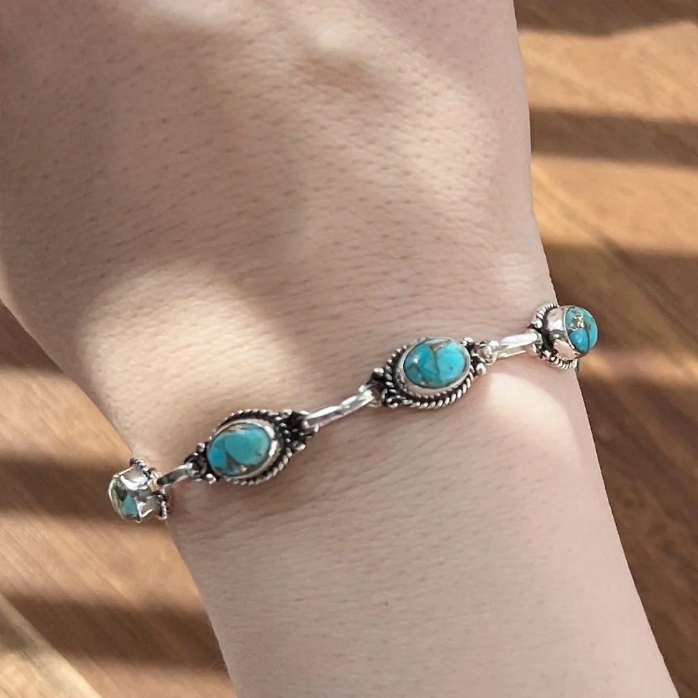 Southwest Genuine Blue Copper Turquoise Bracelet Solid Sterling Silver 925 - Picture 4 of 6